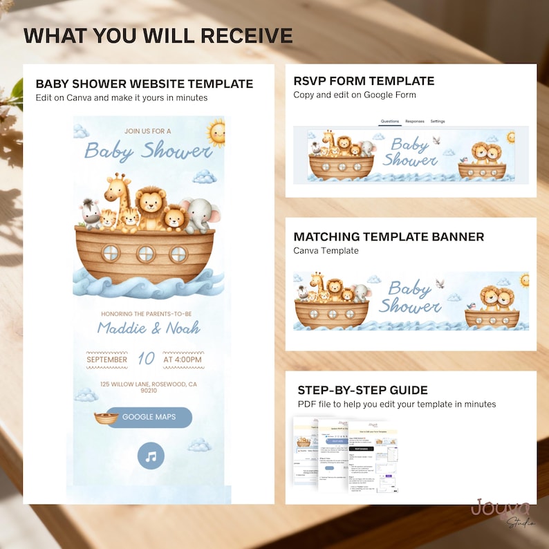 May include: A baby shower website template, RSVP form template, and matching banner are shown. The baby shower theme features a wooden ark with animal illustrations. The invitation includes the text "Baby Shower" and details for Maddie & Noah.
