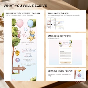 May include: A gender reveal website template with Winnie the Pooh characters holding balloons. The template includes an RSVP form, a step-by-step guide, and an editable music player. The invitation reads "He or She?" and includes event details.
