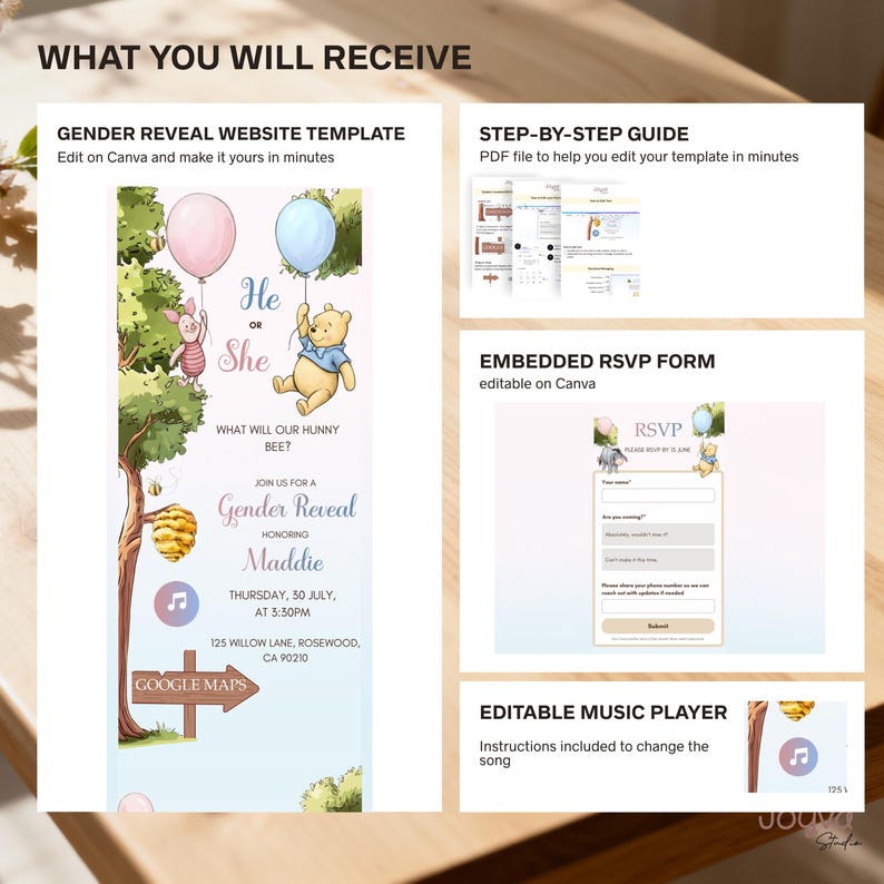 May include: A gender reveal website template with Winnie the Pooh characters holding balloons. The template includes an RSVP form, a step-by-step guide, and an editable music player. The invitation reads "He or She?" and includes event details.