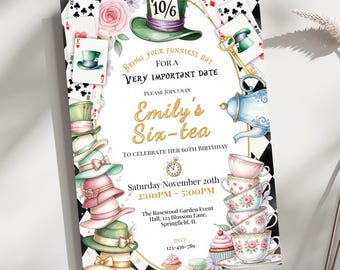 Mad Hatter Invitation, Wonderland Invitation Birthday | Girl Boy Invitation, Whimsical Tea Party Invite, Editable Template, Garden Tea