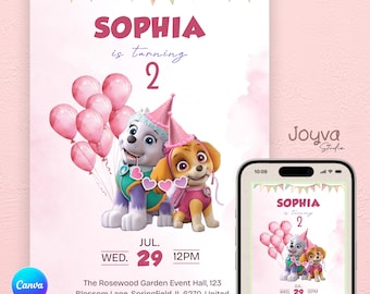 Paw Patrol Girl Birthday Invitation | Editable Pink Skye Everest Party Invite | Birthday Digital Download | Paw Patrol Canva Template