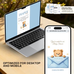 May include: A laptop and smartphone display baby shower invitation designs. The laptop screen shows a blue and white diaper raffle card with a teddy bear graphic. The phone displays an invitation with a teddy bear and the date 11.25.2026.