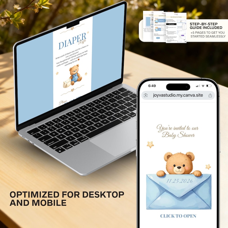 May include: A laptop and smartphone display baby shower invitation designs. The laptop screen shows a blue and white diaper raffle card with a teddy bear graphic. The phone displays an invitation with a teddy bear and the date 11.25.2026.