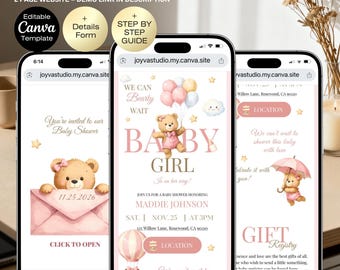 Plantilla de sitio web para invitación de baby shower de niña con RSVP - Invitación de osito rosa - Invitación digital editable - Sitio web de We Can Bearly Wait