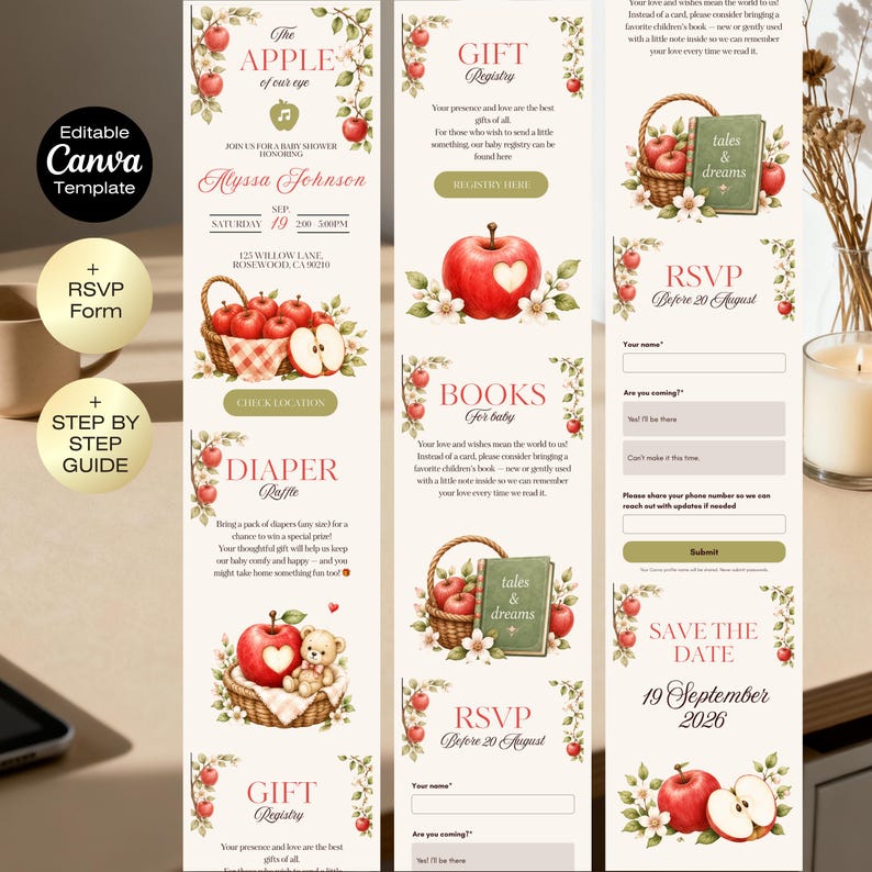 May include: A digital baby shower invitation template featuring apple illustrations, a basket of apples, a teddy bear, and a book titled Tales & Dreams. The design includes sections for a diaper raffle, gift registry, RSVP form, and save the date details.