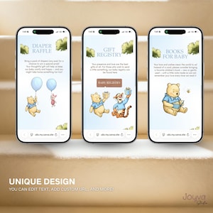 May include: Three smartphones displaying baby shower information. The screens show Winnie the Pooh characters with text like "Diaper Raffle," "Gift Registry," and "Books for Baby." The bottom of the image reads "UNIQUE DESIGN YOU CAN EDIT TEXT, ADD CUSTOM URL, AND MORE!"
