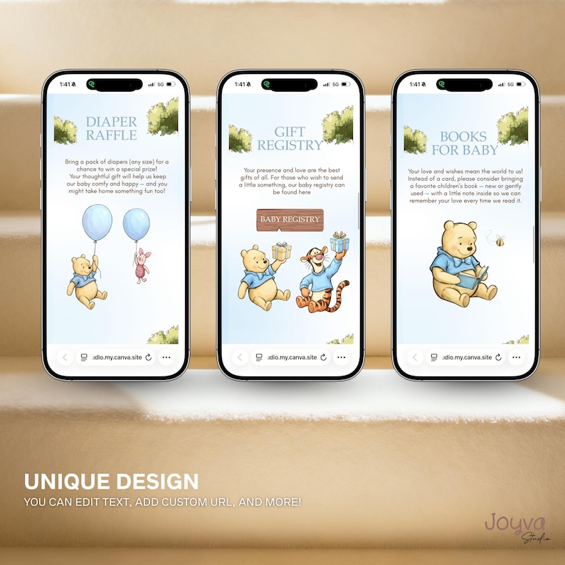 May include: Three smartphones displaying baby shower information. The screens show Winnie the Pooh characters with text like "Diaper Raffle," "Gift Registry," and "Books for Baby." The bottom of the image reads "UNIQUE DESIGN YOU CAN EDIT TEXT, ADD CUSTOM URL, AND MORE!"