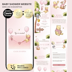 May include: A baby shower website template with a Winnie the Pooh theme. The design features pink balloons, illustrations of Pooh and friends, and event details. Includes RSVP form and step-by-step guide.