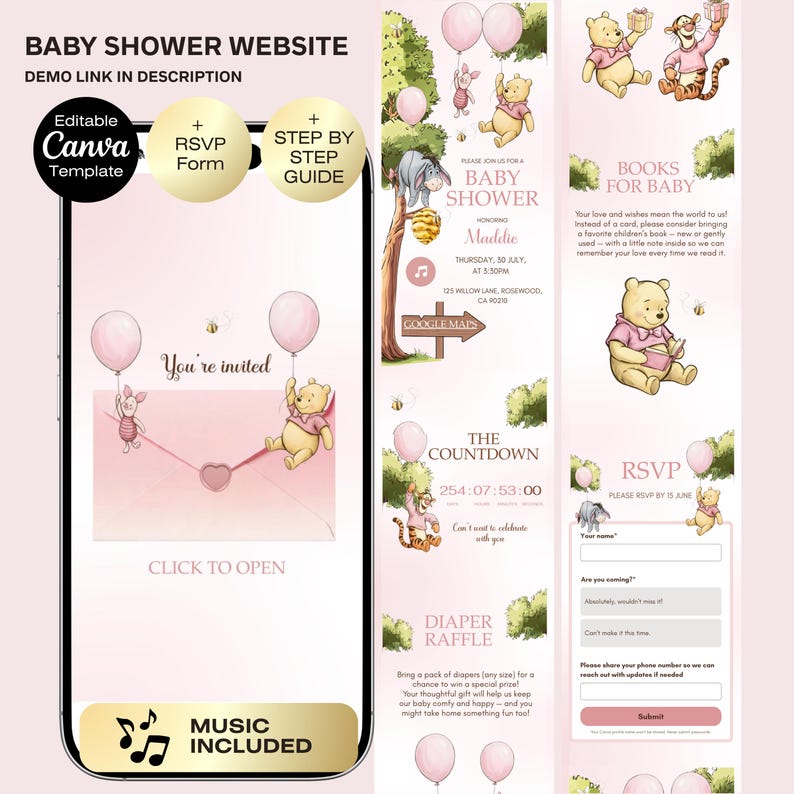 May include: A baby shower website template with a Winnie the Pooh theme. The design features pink balloons, illustrations of Pooh and friends, and event details. Includes RSVP form and step-by-step guide.