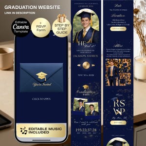 Graduation Invitation Website | Class of 2026 Graduation party | Graduation Invitation with RSVP | Navy blue gold Grad 2026 | He She did it
