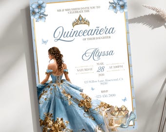 Quinceañera Baby Blue Gold Invitation | Elegant 5x7 Canva Template | Editable Sweet 15 16 Invite Royal Light Blue Floral Digital Invitation