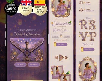 Quinceañera Rapunzel Invitation with RSVP | Tangled Sweet 16 Website Editable Trackable RSVP & Countdown Purple Gold English Spanish