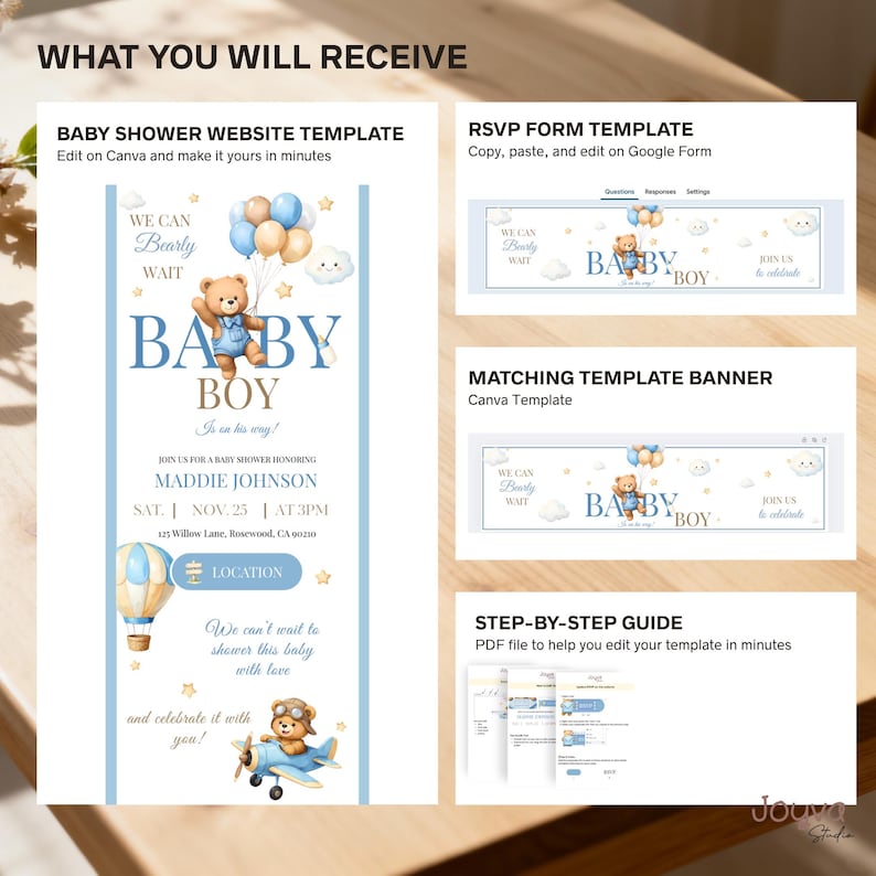 May include: A baby shower website template, RSVP form, and matching banner are shown in this image. The design features a teddy bear, balloons, and the words "Baby Boy." The template includes a step-by-step guide.