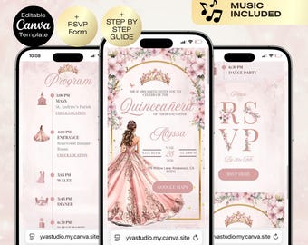 Quinceañera Digital Invitation with RSVP | Sweet 16 Website Editable Trackable RSVP & Countdown, 15th Birthday Online Invite Canva Template