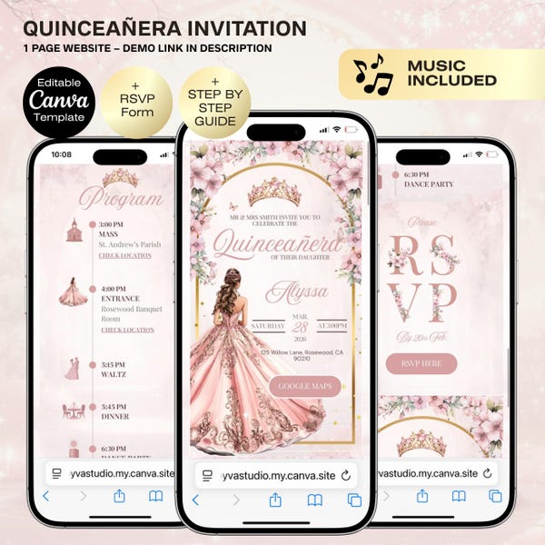 Digitale uitnodiging Quinceañera met antwoord | Sweet 16-website bewerkbaar traceerbaar RSVP en aftellen, 15e verjaardag online uitnodiging canvasjabloon