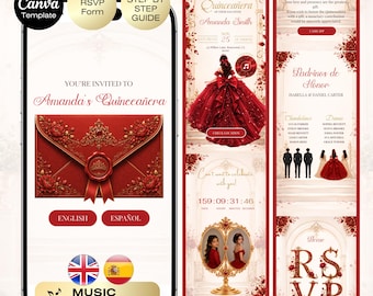 Quinceañera Invitation with RSVP Red & Gold | Sweet 16 Website RSVP Countdown | 15th Birthday English Spanish | Editable Canva Digital