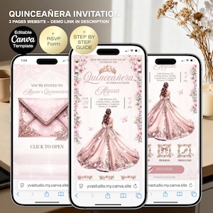 May include: Three smartphone screens displaying a Quincea&ntilde;era invitation. The design features a pink and gold color scheme with floral accents and a drawing of a woman in a pink gown. The invitation includes the text "Quincea&ntilde;era" and "Alyssa".