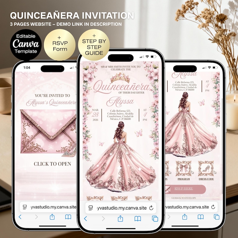 May include: Three smartphone screens displaying a Quincea&ntilde;era invitation. The design features a pink and gold color scheme with floral accents and a drawing of a woman in a pink gown. The invitation includes the text "Quincea&ntilde;era" and "Alyssa".