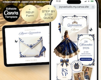 Quinceanera Royal Navy Blue RSVP Sitio web / Blue Quince Sweet 16 invitación, Editable Mis Quince Anos 15th Birthday Digital Quinceañera Invit