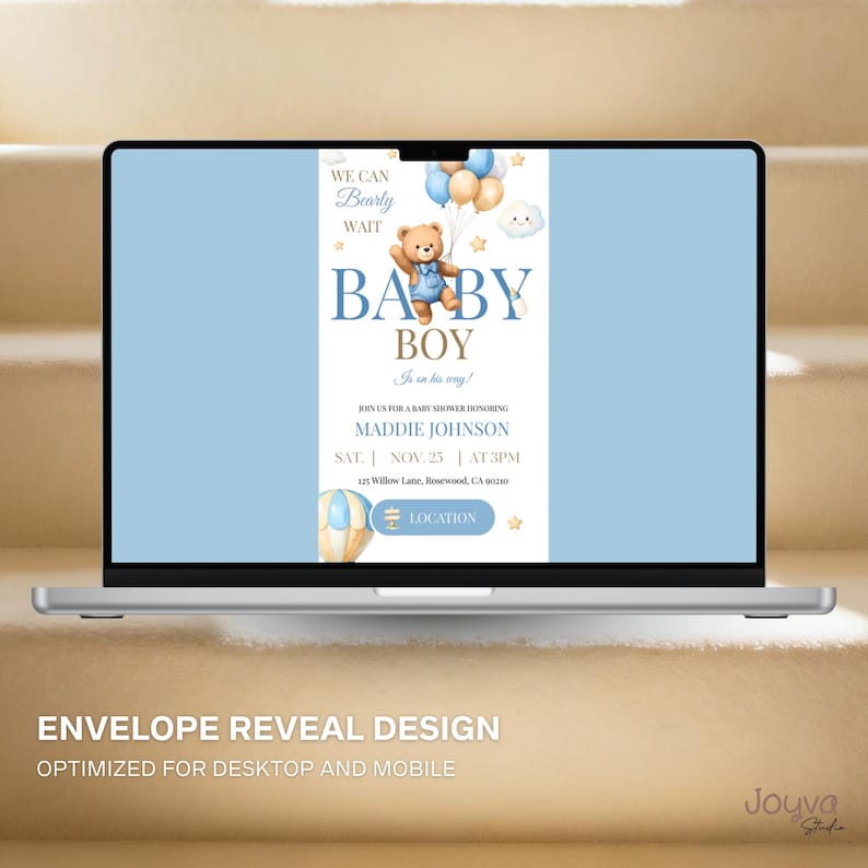 May include: A laptop displays a baby shower invitation with a blue background and a teddy bear illustration. The text reads "Baby Boy" and includes event details for Maddie Johnson. The design is optimized for desktop and mobile use.