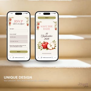May include: Two smartphones displaying digital event invitation templates with an apple theme. The screens show RSVP and Save the Date pages with text including RSVP Before 20 August and 19 September 2026, featuring red apple illustrations and green leaves.