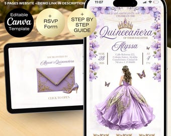 May include: A digital invitation design for a Quinceañera, displayed on a tablet and a smartphone. The design features a purple and gold color scheme with floral accents and the text "Quinceañera Alyssa". The tablet shows an envelope design.