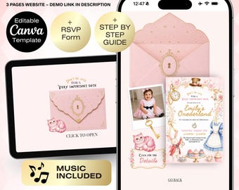 Alice in Wonderland Invitation, Onederland Invitation, Pink Birthday Girl Invitation, Whimsical Tea Party Invite, with RSVP | Baby shower