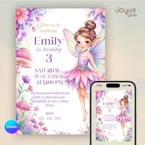 Fairy first Birthday Invitation Girl - Editable Canva Template - Fairy Party Invite - Enchanted Garden Woodland Theme - Instant Download