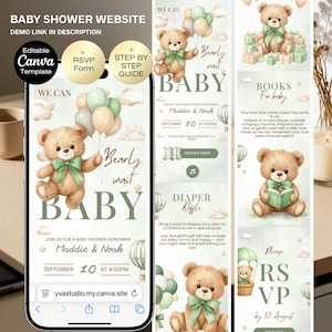 May include: A baby shower website template on a smartphone. The design features a teddy bear with a green bow, balloons, and the words "Bearly wait BABY." Includes RSVP and step-by-step guide options. The date is 10th September.