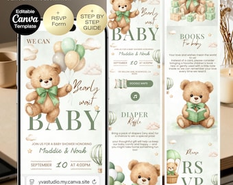 ¡Apenas podemos esperar! Sitio web de invitaciones para baby shower con seguimiento de RSVP / Baby Shower de Género Neutral Editable / Baby Shower de Osito de Peluche Verde