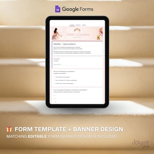 May include: A digital tablet shows a Google Forms template for a Quincea&ntilde;era event. The form includes fields for name and attendance confirmation. Text on the screen reads "Maddie - Quincea&ntilde;era." The image also includes the text "FORM TEMPLATE + BANNER DESIGN."