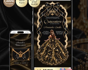 Quinceañera Invitation with RSVP Black gold | Sweet 16 Website RSVP  Countdown 15th Birthday English Spanish | Royal Princess Dark Black