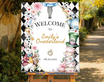 Alice in Wonderland welkomstbord, Onederland-uitnodiging, 1e verjaardag meisje, grillige Tea Party-welkom, bewerkbare sjabloon