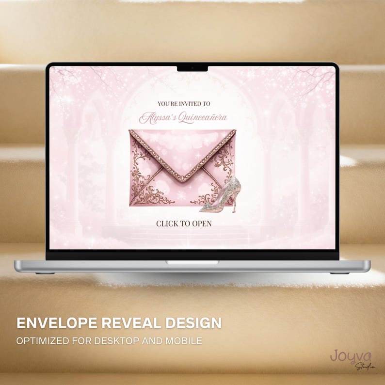 May include: A laptop displays a pink Quincea&ntilde;era invitation design. The design features a pink envelope with gold accents and a high-heeled shoe. Text on the screen reads "You're Invited to Alyssa's Quincea&ntilde;era" and "Click to Open."