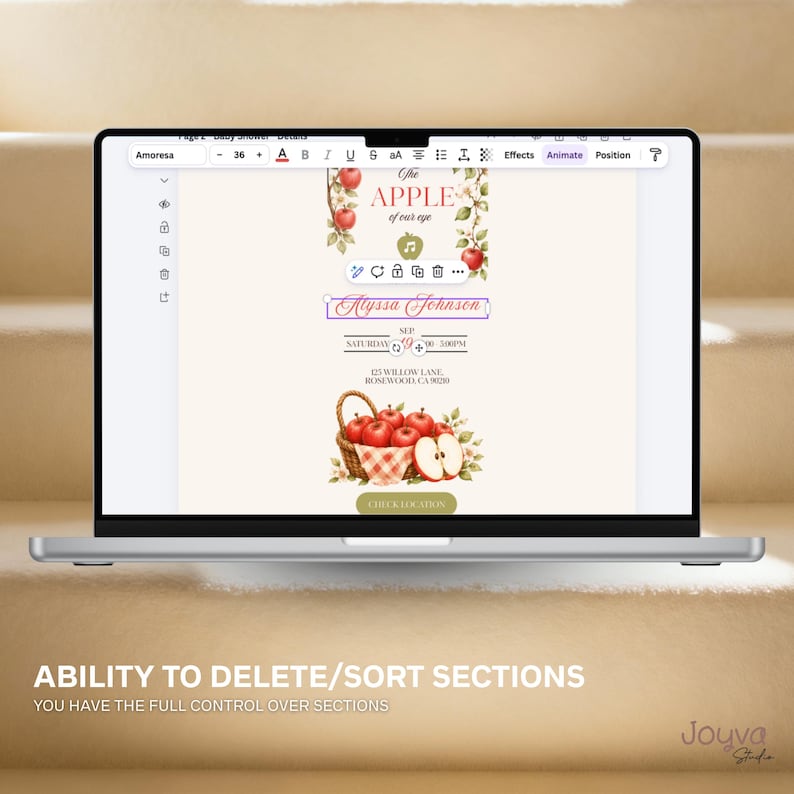 May include: A laptop screen displaying a digital invitation design editor. The invitation features red apple illustrations, a woven basket, and text reading The APPLE of our eye, Alyssa Johnson, and event details for 125 Willow Lane, Rosewood, CA.