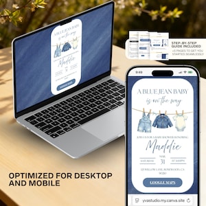 May include: A laptop and smartphone display a baby shower invitation with the text "A Blue Jean Baby is on the Way." The invitation features watercolor illustrations of denim overalls, a jacket, and a onesie. The text "Optimized for Desktop and Mobile" is also visible.