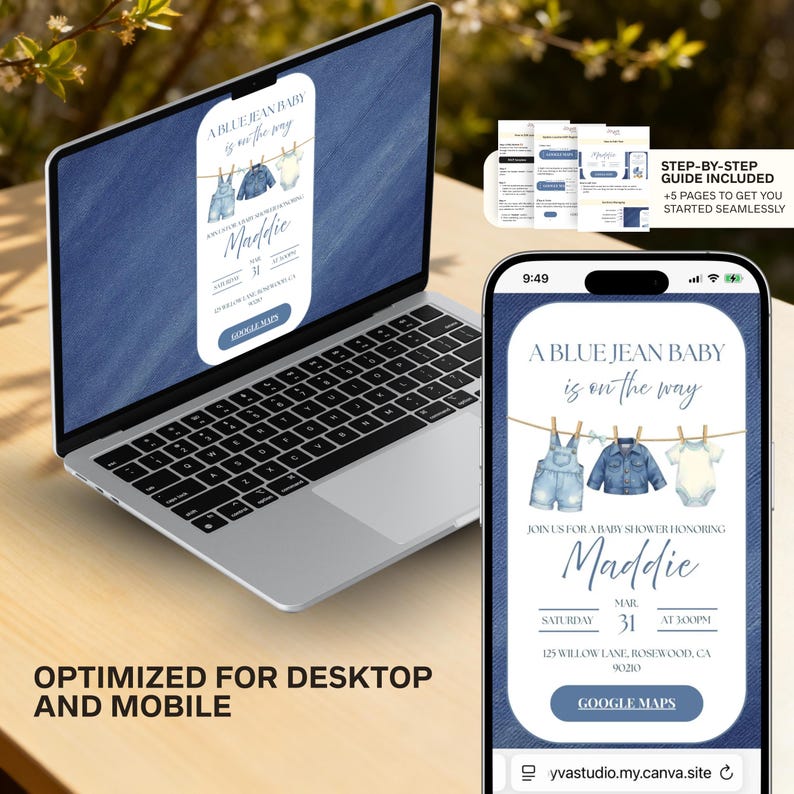 May include: A laptop and smartphone display a baby shower invitation with the text "A Blue Jean Baby is on the Way." The invitation features watercolor illustrations of denim overalls, a jacket, and a onesie. The text "Optimized for Desktop and Mobile" is also visible.