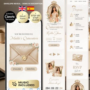 Puede incluir: Plantilla de invitación digital para una Quinceañera, con un diseño de sobre dorado y detalles florales. La invitación incluye detalles del evento, información de RSVP y un programa. El texto dice "Maddie's Quinceañera" y "Music Included."