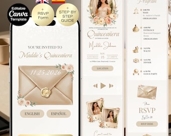 Quinceañera Digital Invitation with RSVP | Sweet 16 Website Editable Trackable RSVP & Countdown Birthday English Spanish | Champagne Gold