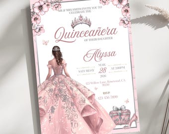 Quinceañera Pink Silver Invitation | Elegant 5x7 Canva Template | Editable Sweet 15 Invite | Blush Floral Digital Invitation| Sweet 15 16
