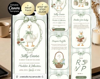 Sito web di inviti per baby shower Silly Goose con RSVP / Oca di genere neutro / Invito per baby shower, tema Green Goose / Download digitale