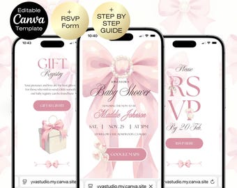 Pink Bow Baby Shower Invitation Editable Template Website with RSVP | Pink Coquette Baby Shower Invitation |Digital Instant download Website