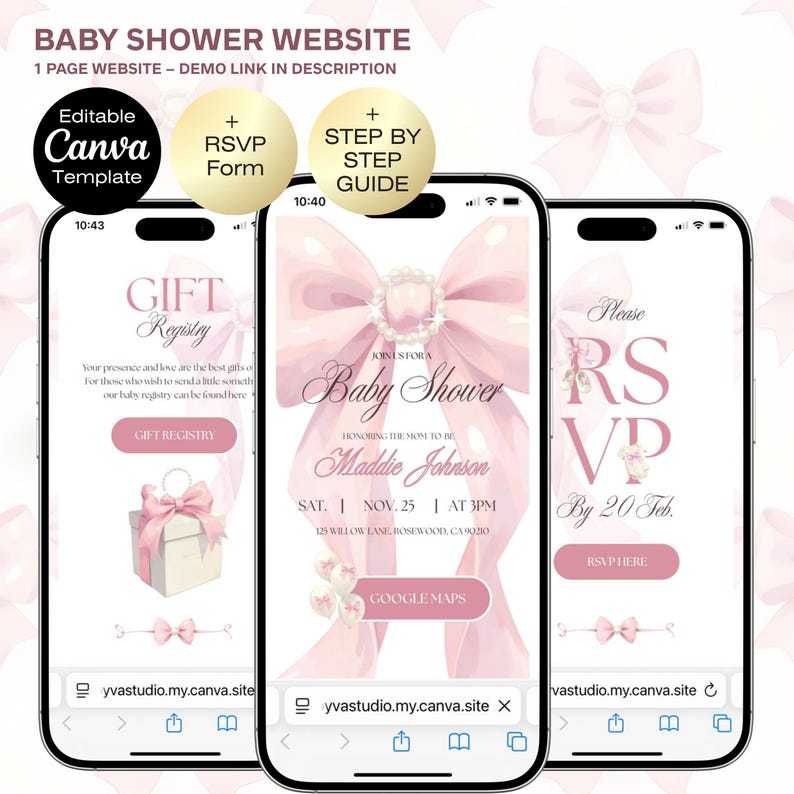 May include: Three smartphones showing a baby shower website template with pink bow designs. Text includes "Baby Shower," "RSVP," and "Gift Registry." The website is a 1-page demo, editable in Canva, with a link in the description.