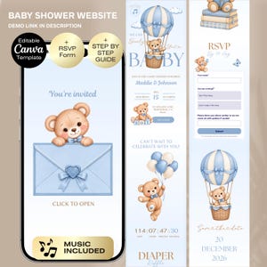 May include: A digital baby shower invitation template displayed on a smartphone screen, featuring a light blue envelope with a heart seal and a teddy bear. The design includes illustrations of teddy bears, hot air balloons, and RSVP form fields.