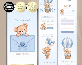We Can Bearly Wait Baby Shower Website Invitation | Teddy Bear Baby Shower Invite Template | Editable Canva Invitation with RSVP | Boy Baby