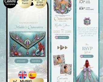 Quinceañera Mermaid Invitation with RSVP | Under the sea 16 Website Editable Trackable RSVP| Princess Ariel Aqua Purple English Spanish