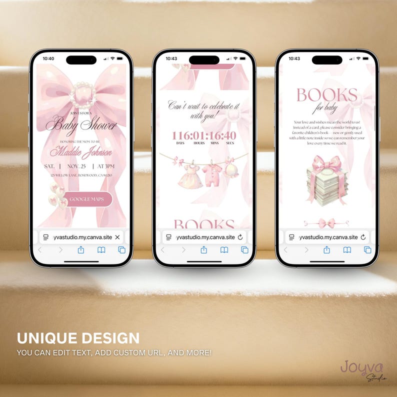 May include: Three smartphones showing baby shower invitation designs. The first screen says "Baby Shower" with event details. The second screen shows a countdown timer. The third screen says "Books for baby". All screens have pink bows.