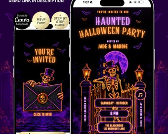 Neon Halloween Party Invitation website with music RSVP | Purple & Orange Spooky Halloween Party | Adult We are dying to party with you