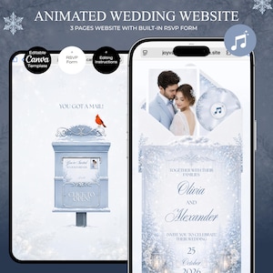 May include: An animated wedding website template featuring a winter theme with a blue mailbox, a cardinal, and a couple's photo. The digital interface displays text including "YOU GOT A MAIL!", "CLICK TO OPEN!", and "Olivia AND Alexander" with a date of 25 October 2026.
