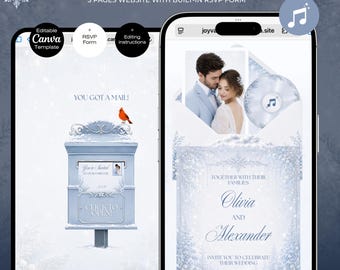 Winter wonderland Wedding Website Canva Template with RSVP | Music + RSVP Snow Wedding invitation | Luxury Mailbox Animated Light blue